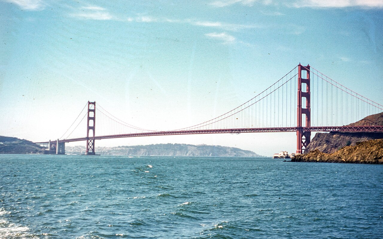 The Golden Gate Bridge seen from the water on a clear day, November 1960